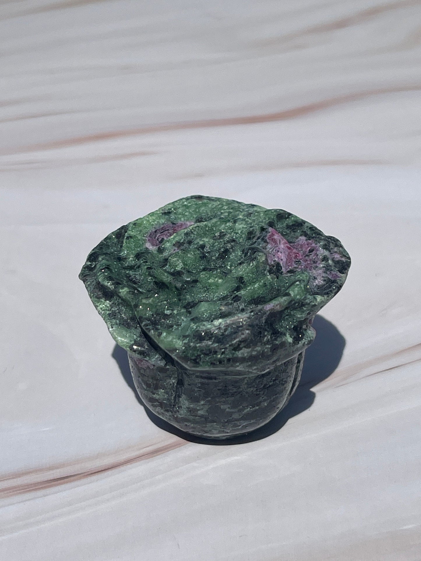 Ruby Zoisite Crystal Rose Carving: UV Reactive Flower