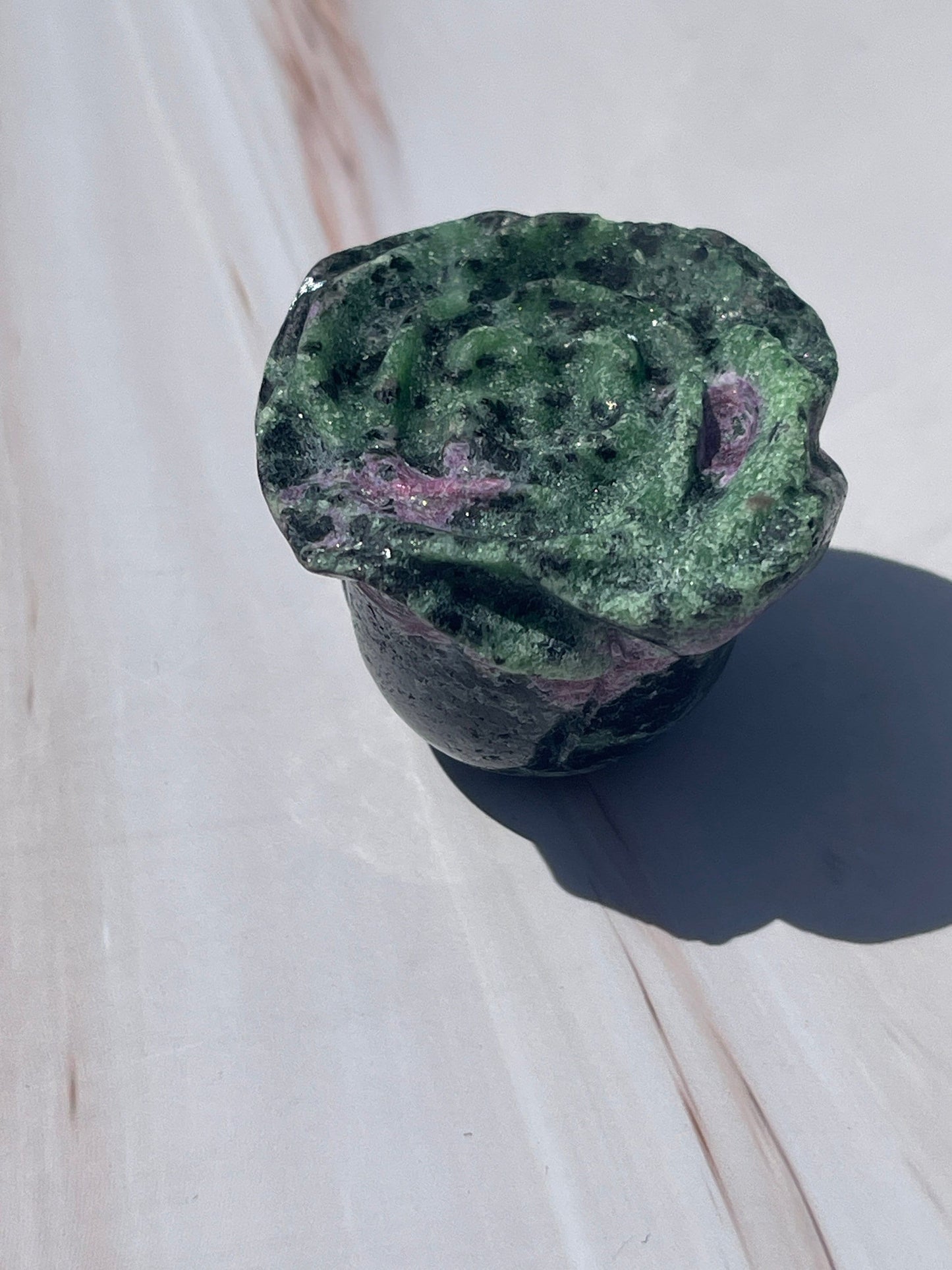 Ruby Zoisite Crystal Rose Carving: UV Reactive Flower