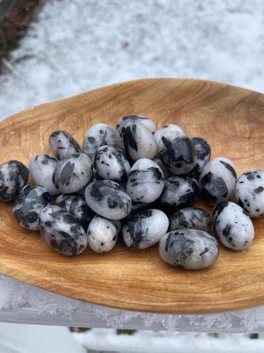 Black Tourmaline in Quartz Tumbled Stone: Meditation Pocket Stone