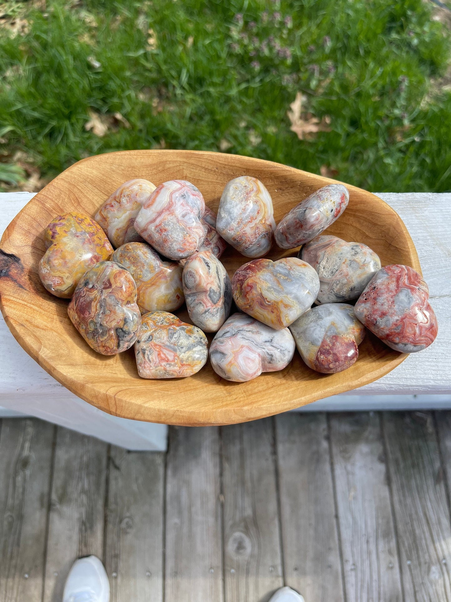 Crazy Lace Agate Heart Palm Stone: Chakra Cleansing Crystal Carving