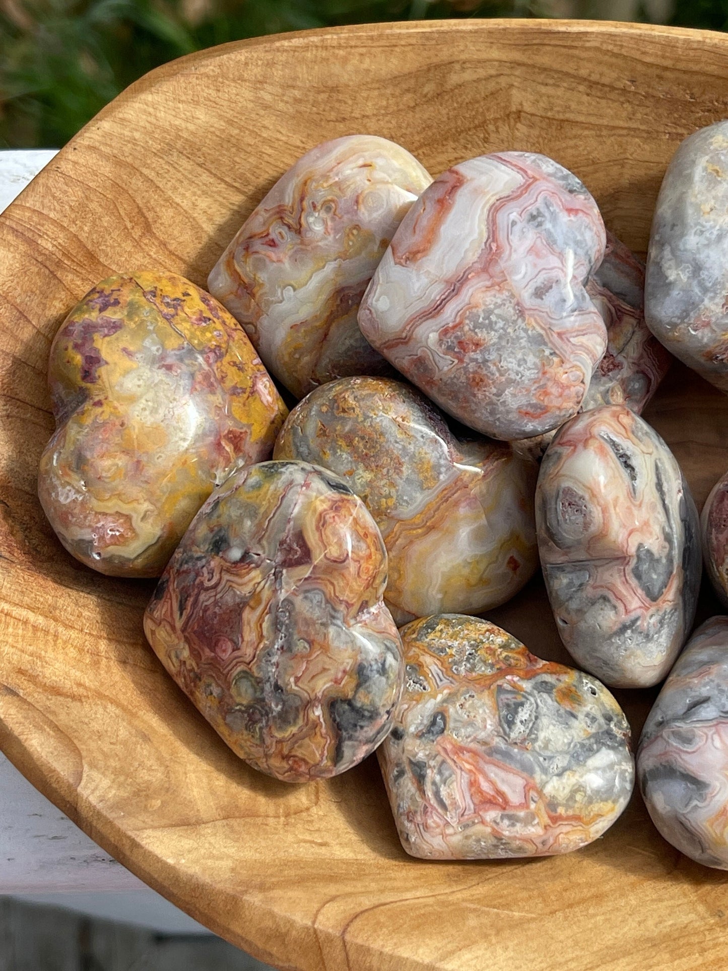 Crazy Lace Agate Heart Palm Stone: Chakra Cleansing Crystal Carving