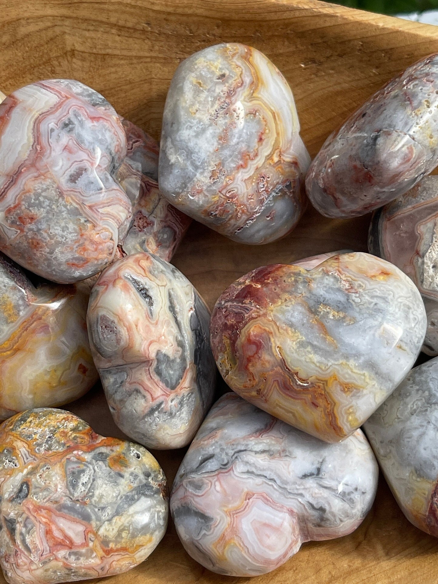 Crazy Lace Agate Heart Palm Stone: Chakra Cleansing Crystal Carving