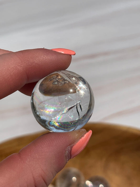 1 Clear quartz mini sphere with rainbows  | crystal carving | meditation crystal | pocket stone