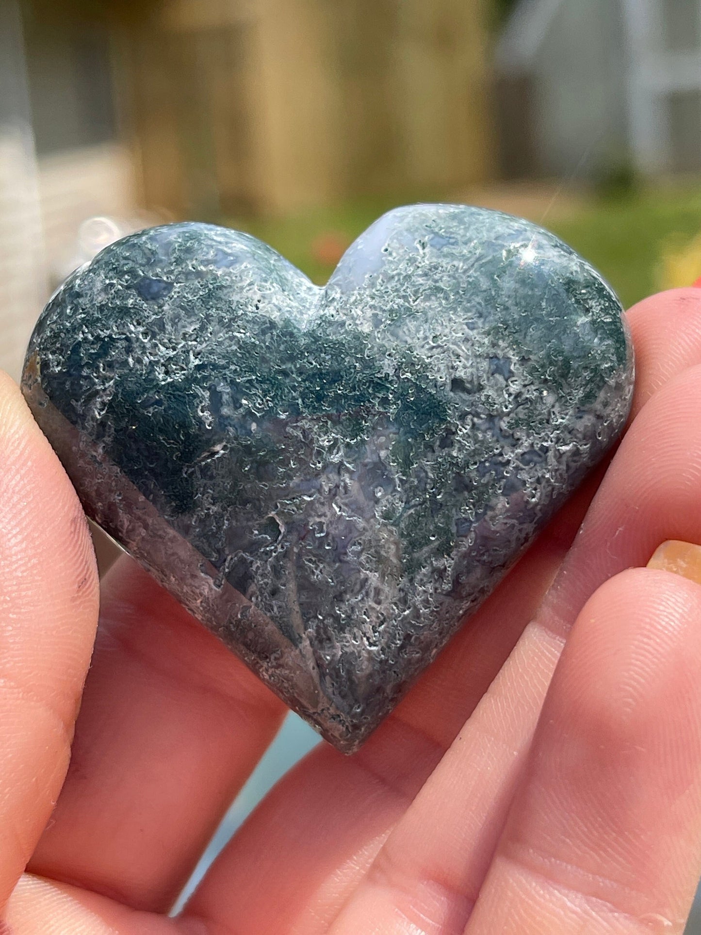 Moss Agate Heart Palm Stone: Crystal Carving, Meditation Gift