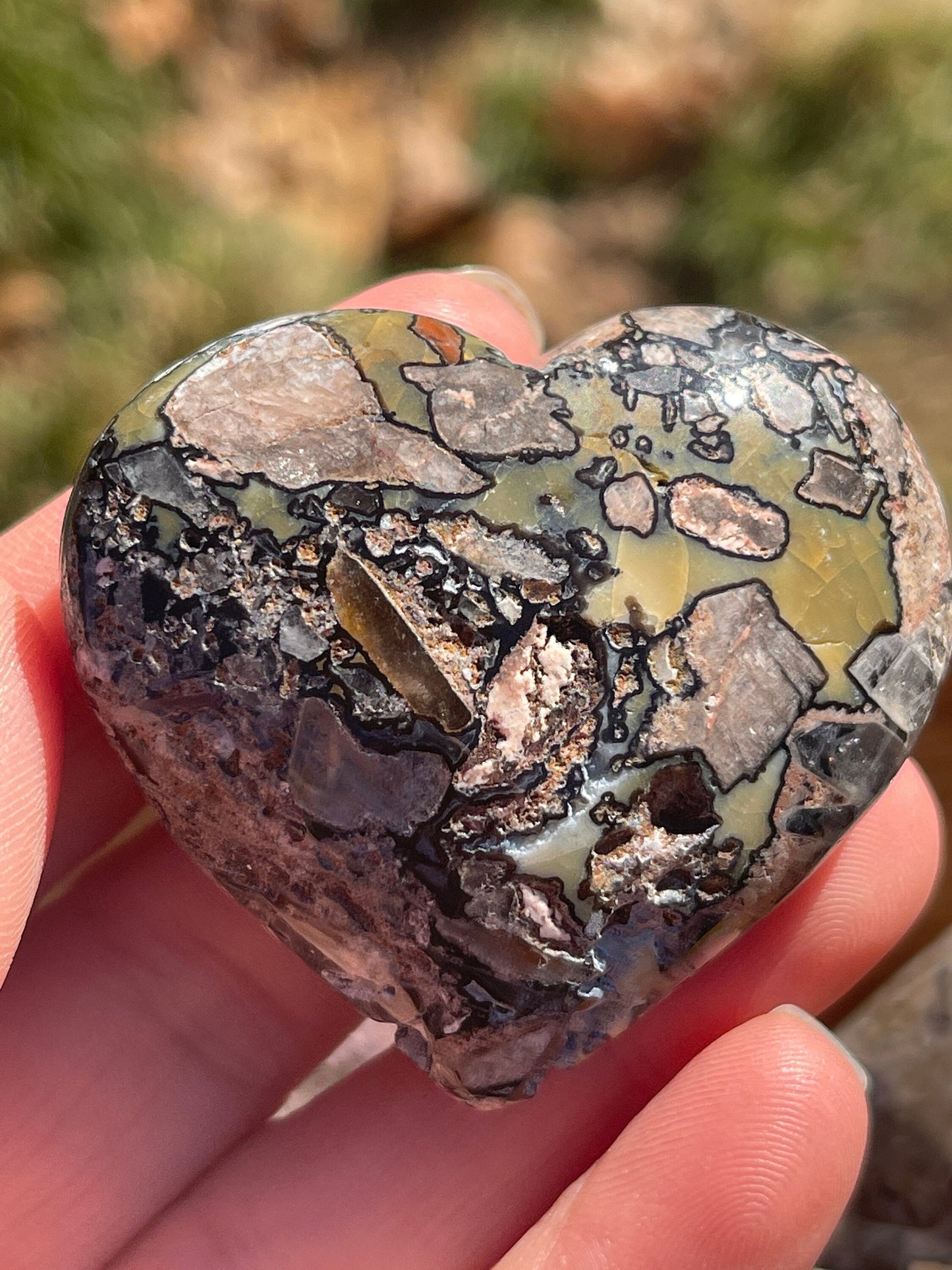 Mosaic Chalcedony Heart Palm Stone