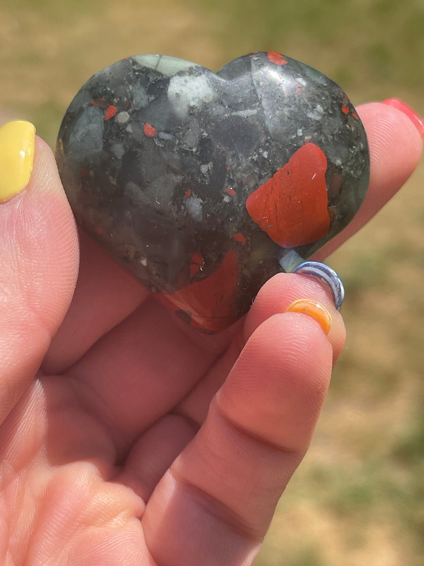 1 African Bloodstone Crystal Heart Carving with Pyrite | meditation | palm stone | abundance