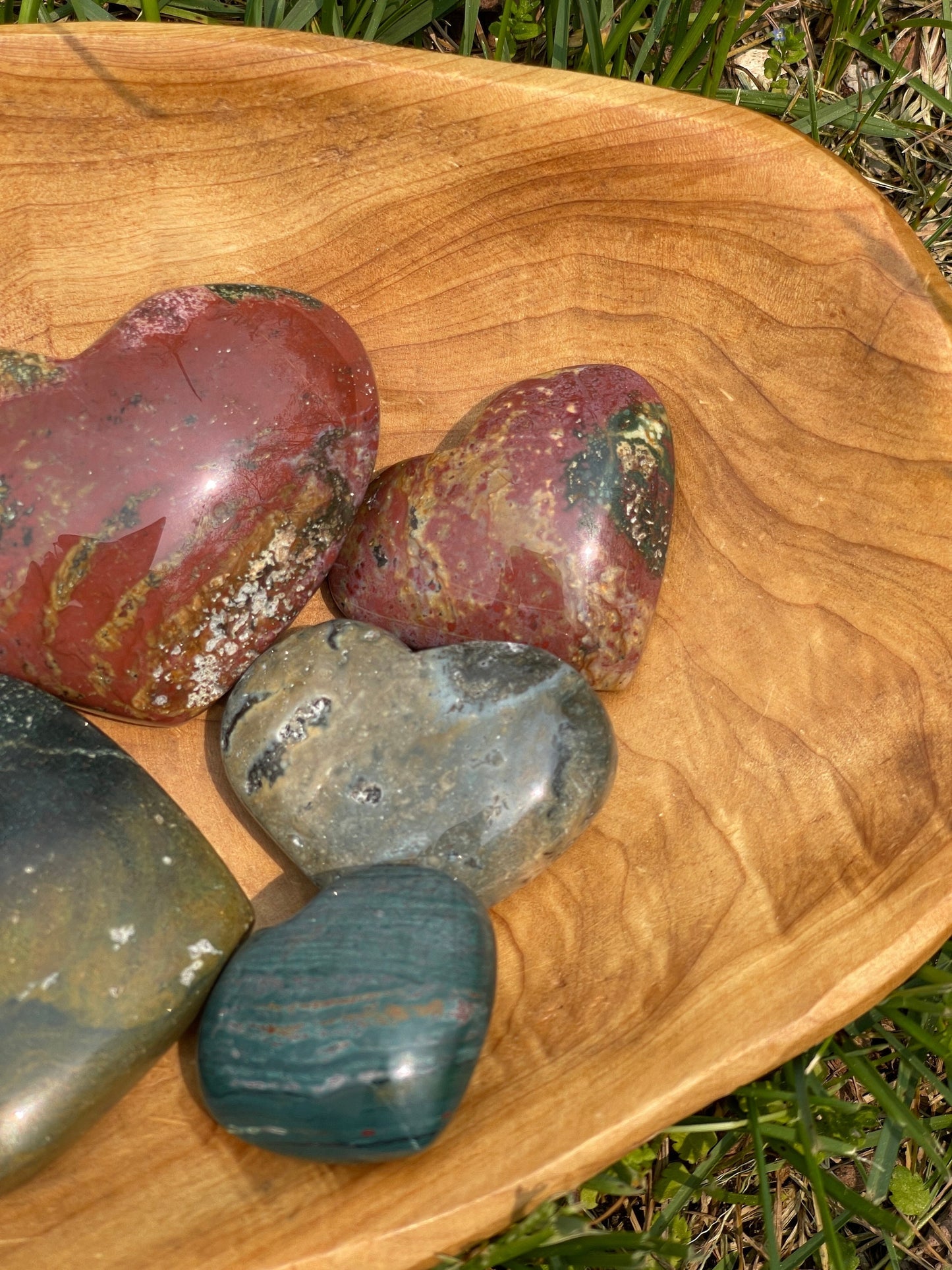 Ocean Jasper Heart Palm Stone: Crystal Carving, Meditation Stone