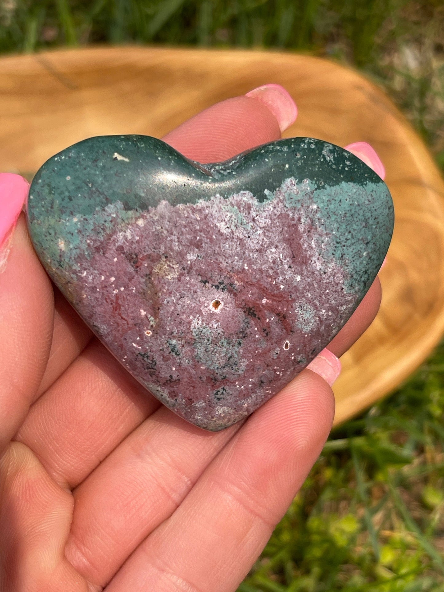 Ocean Jasper Heart Palm Stone: Crystal Carving, Meditation Stone