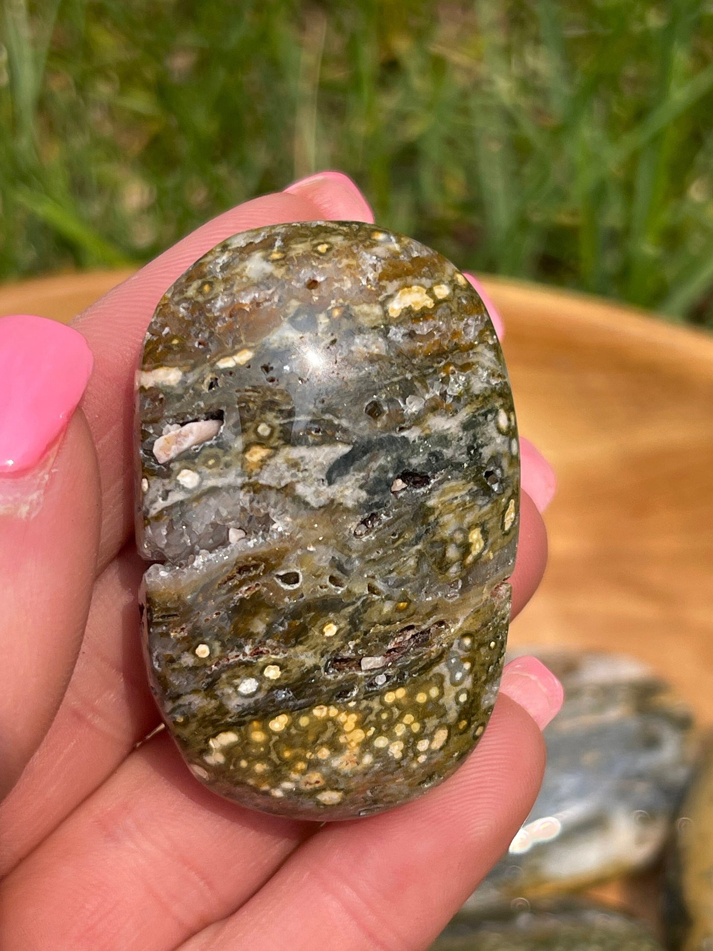 Druzy Ocean Jasper Palm Stone with Quartz