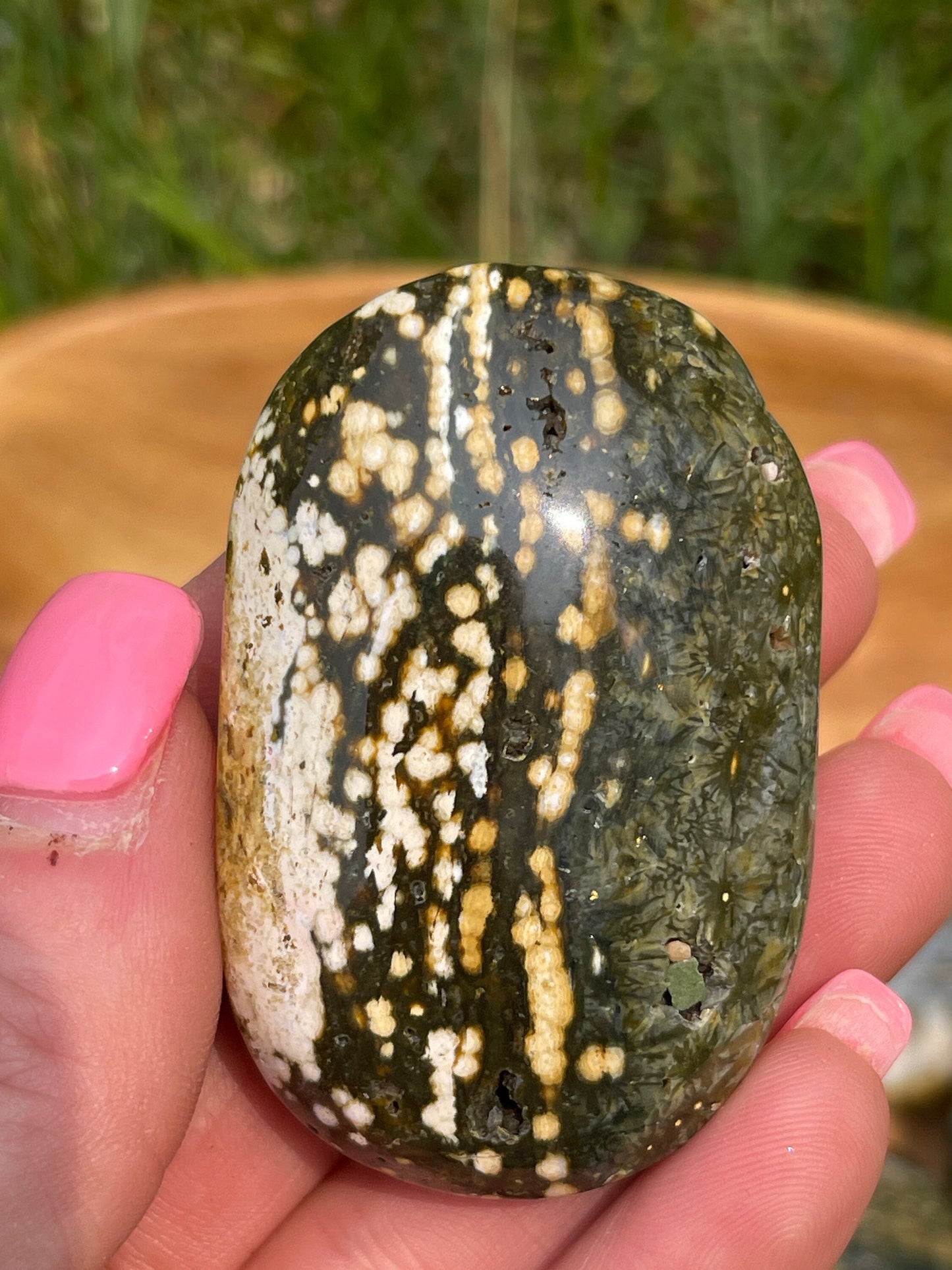 Druzy Ocean Jasper Palm Stone with Quartz
