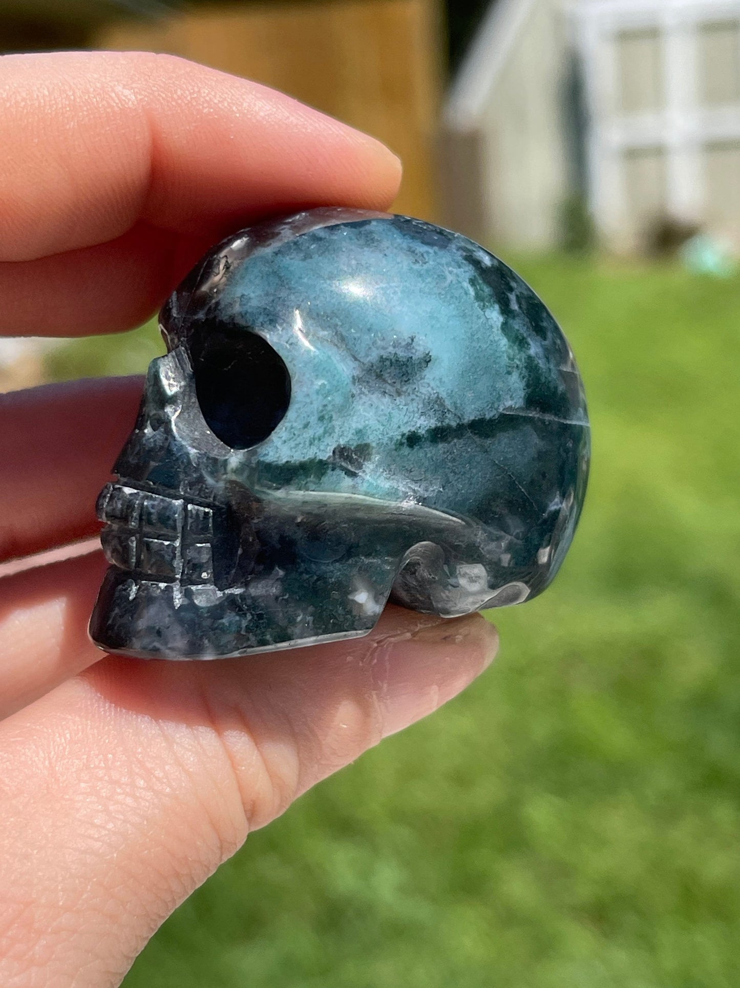 Moss Agate Skull Carving