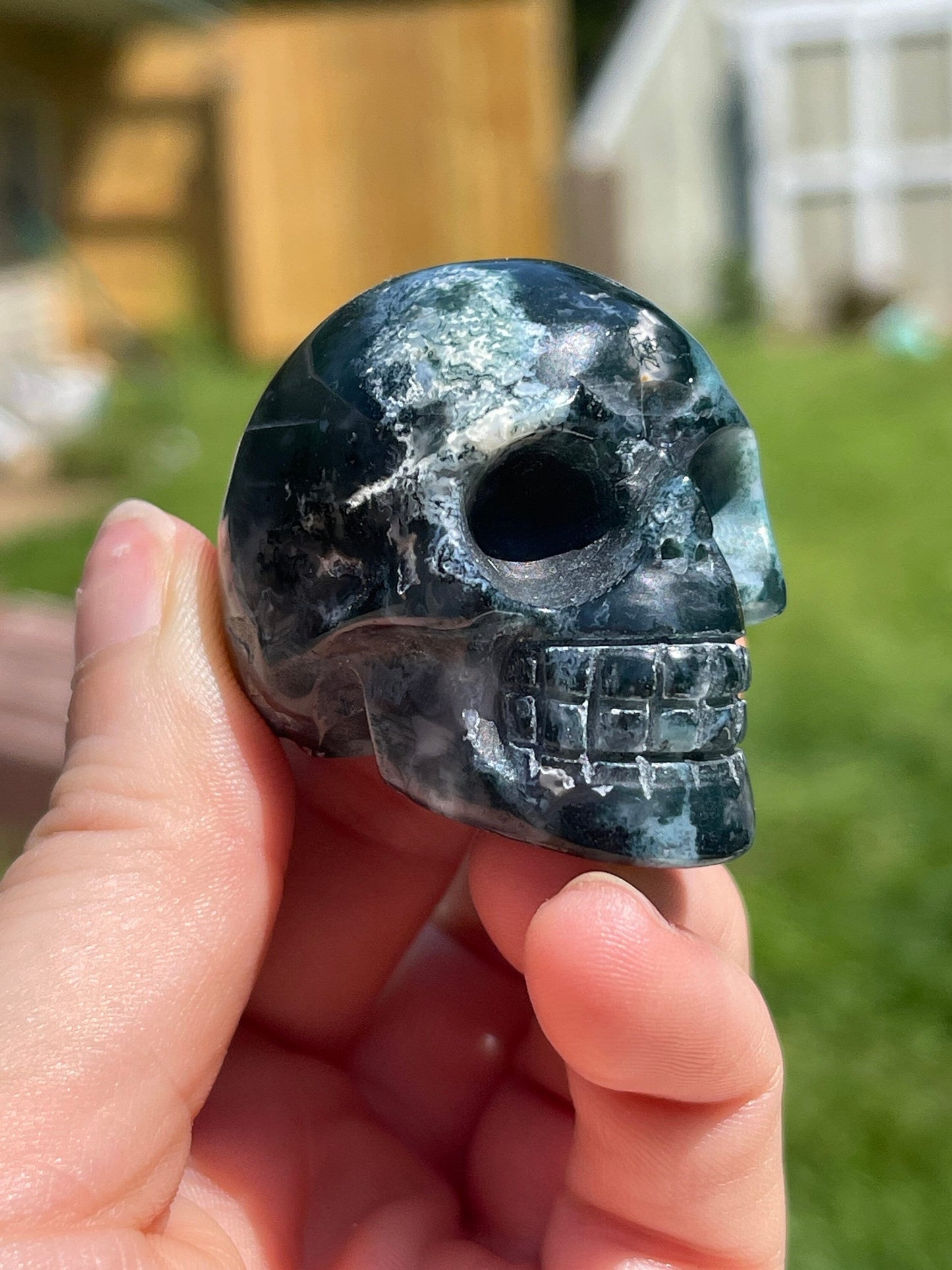 Moss Agate Skull Carving