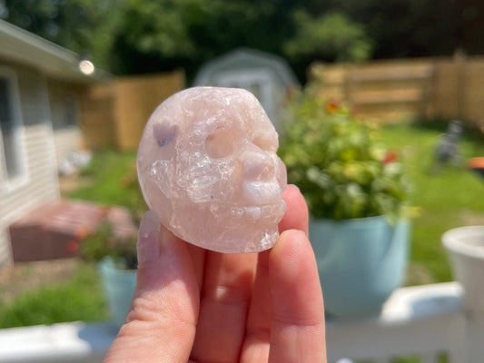 Pink Flower Agate Crystal Skull Carving: Meditation Stone