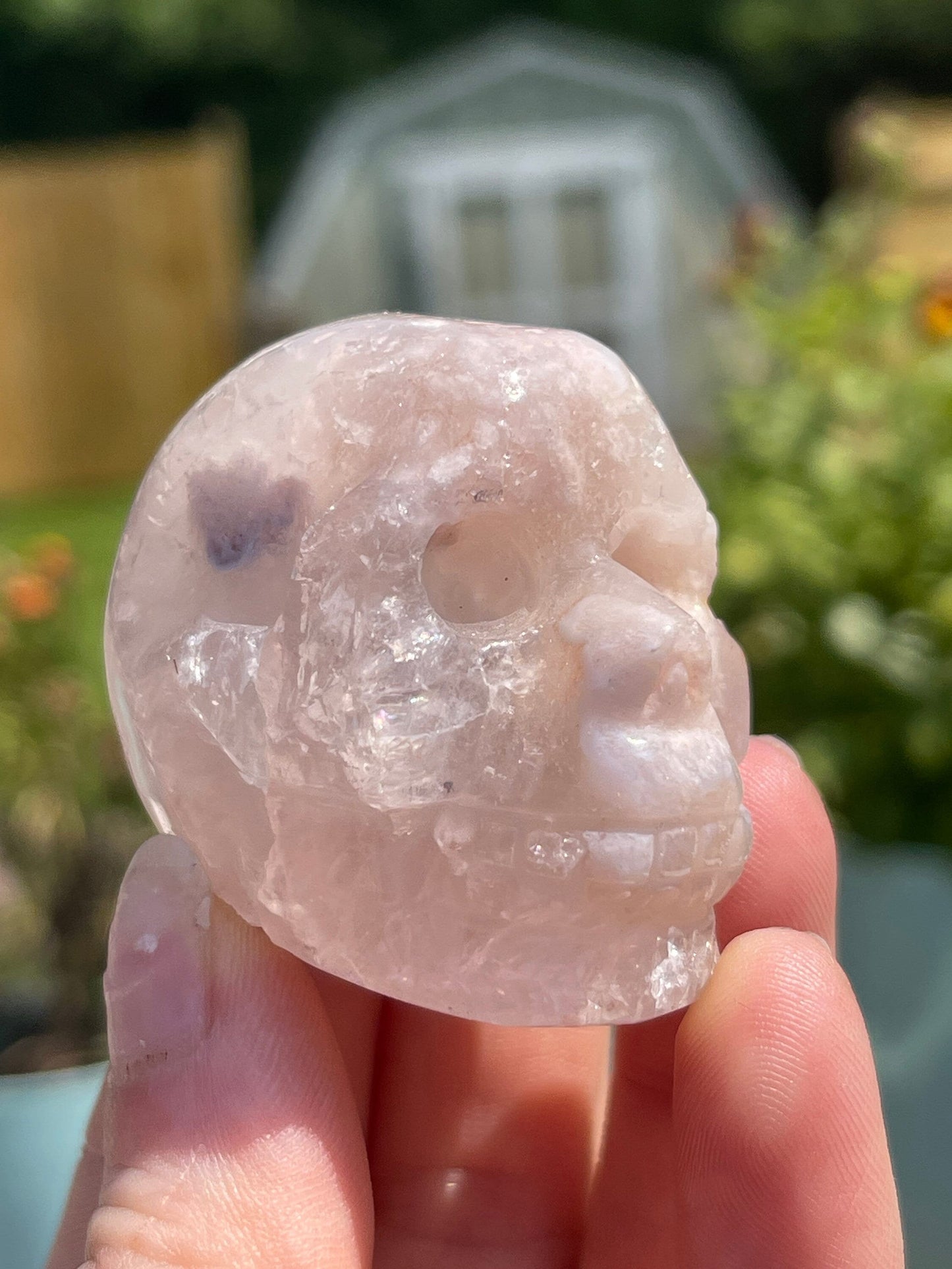 Pink Flower Agate Crystal Skull Carving: Meditation Stone