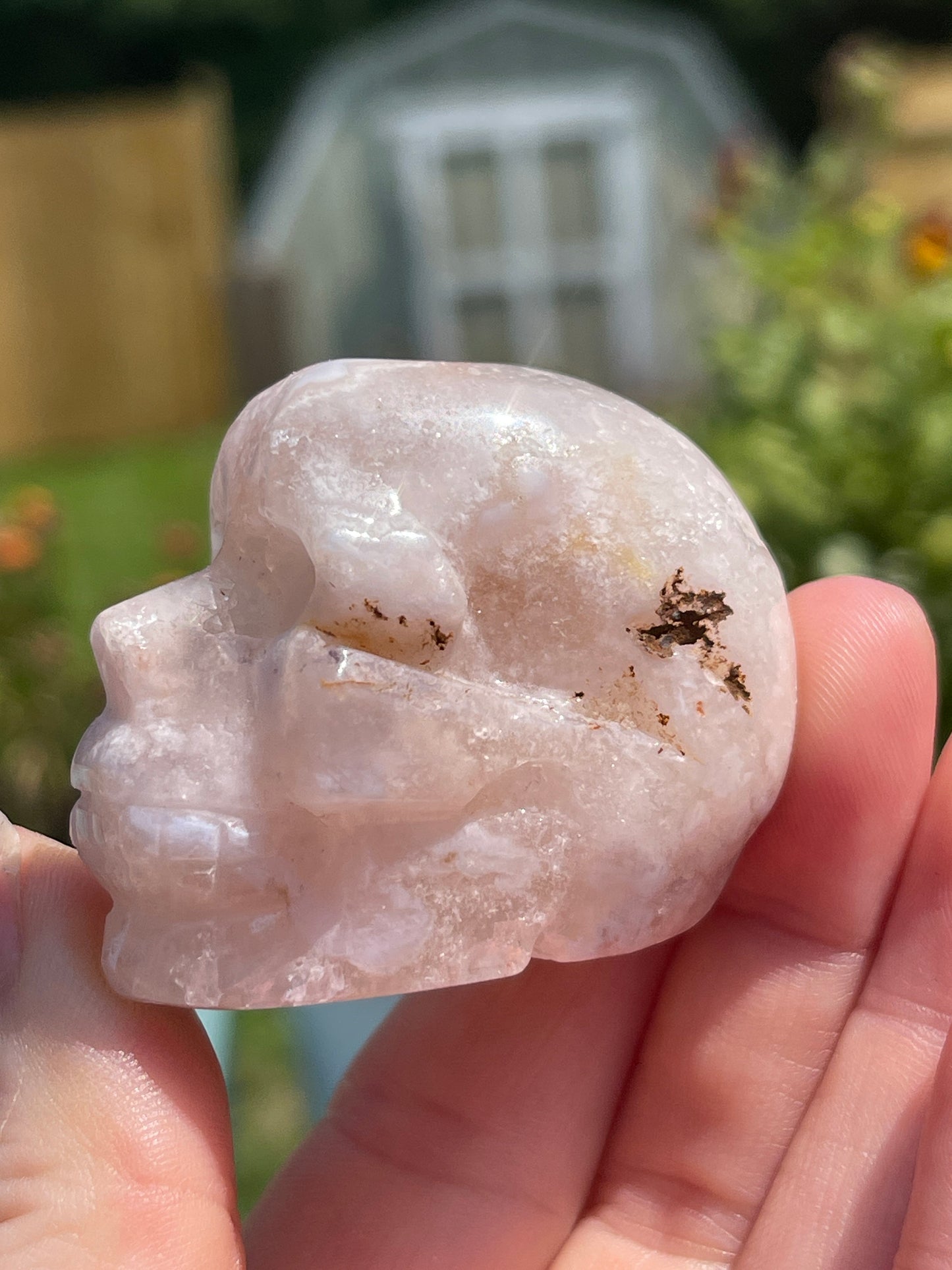 Pink Flower Agate Crystal Skull Carving: Meditation Stone
