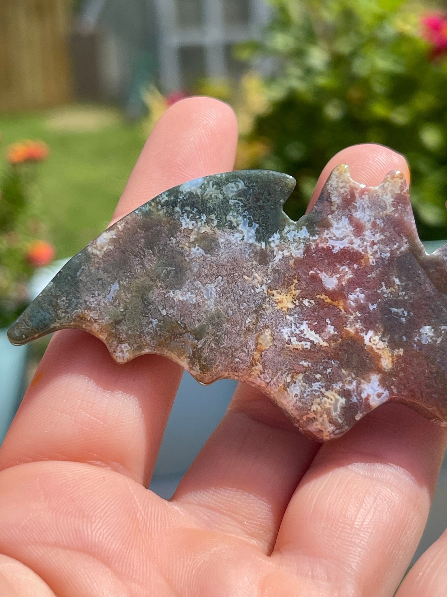 Ocean Jasper Bat Carving: Crystal Animal Figurine