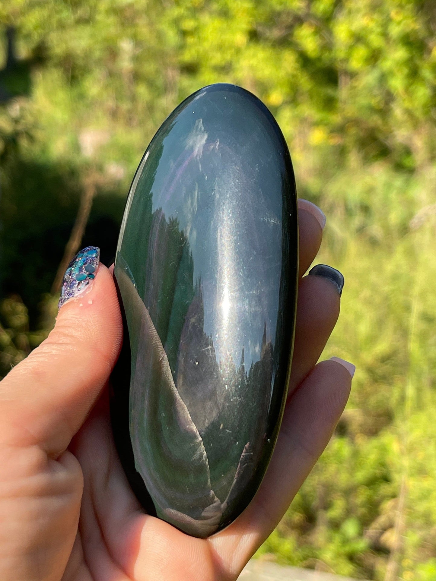 Black Rainbow Obsidian Palm Stone