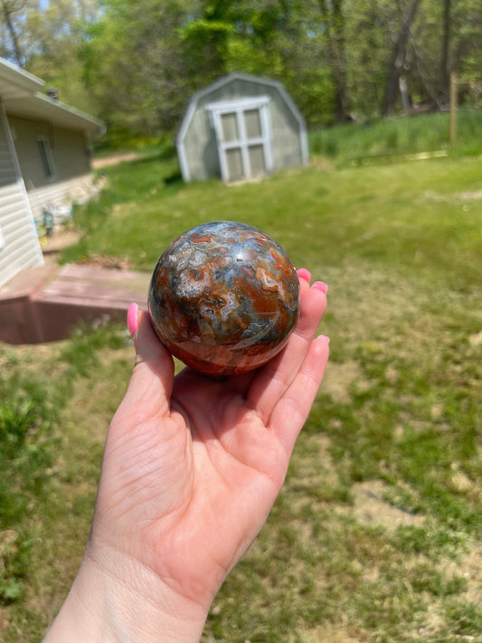 Red moss agate sphere with druzy | crystal gift | meditation stone | crystal carving