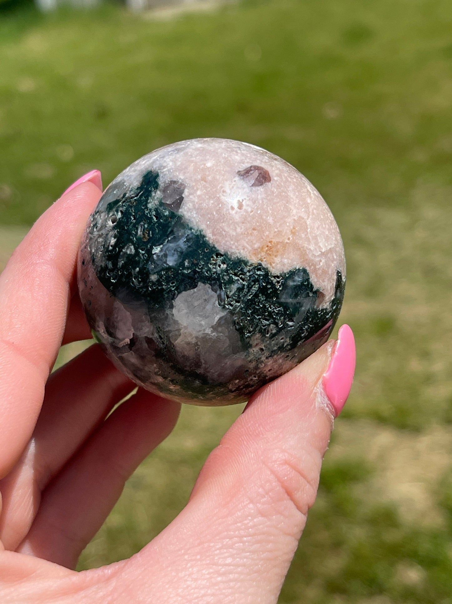 Pink amethyst with moss agate sphere | crystal gift | meditation stone | crystal carving | sparkle