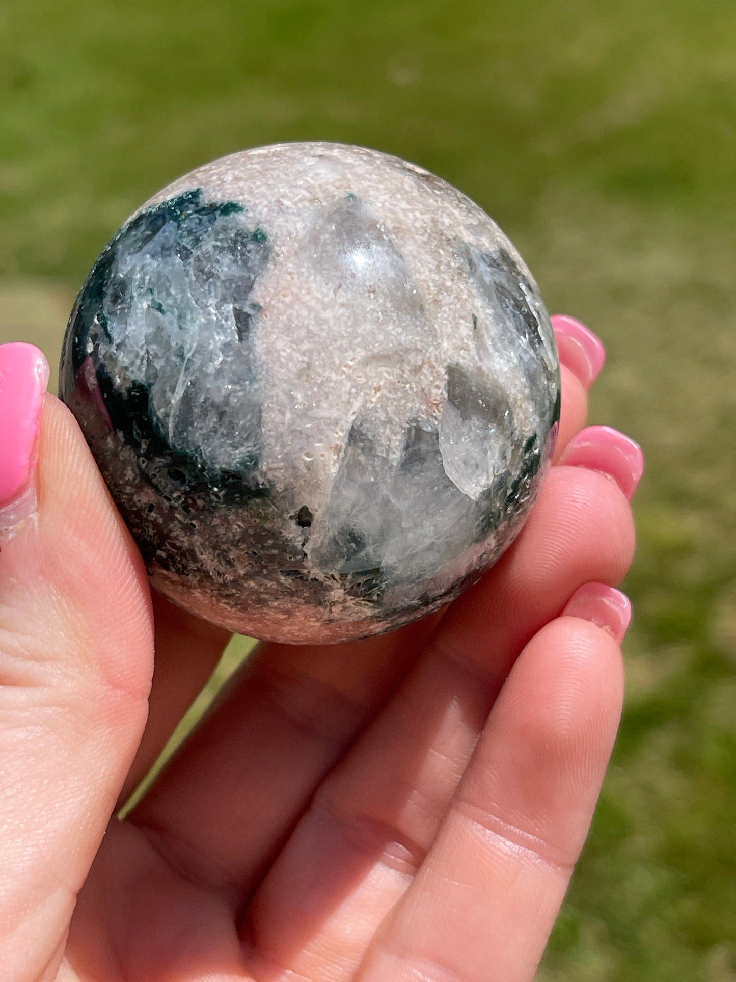 Pink amethyst with moss agate sphere | crystal gift | meditation stone | crystal carving | sparkle