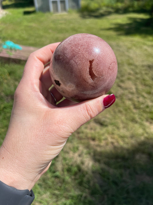 pink amethyst sphere with druzy and moss agate
