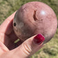pink amethyst sphere with druzy and moss agate