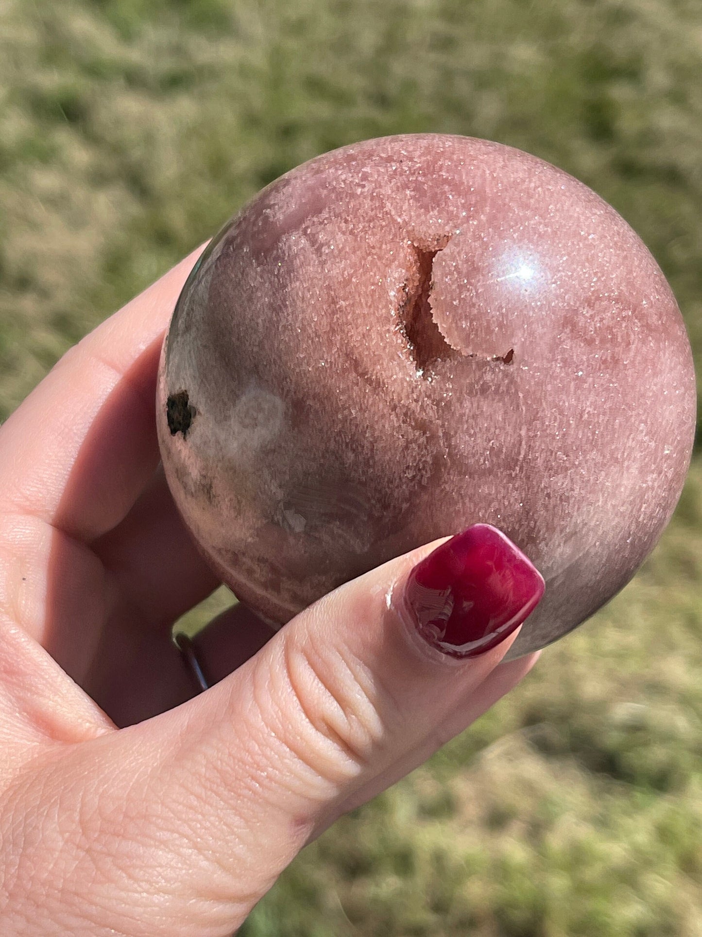 pink amethyst sphere with druzy and moss agate