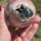 pink amethyst sphere with druzy and moss agate