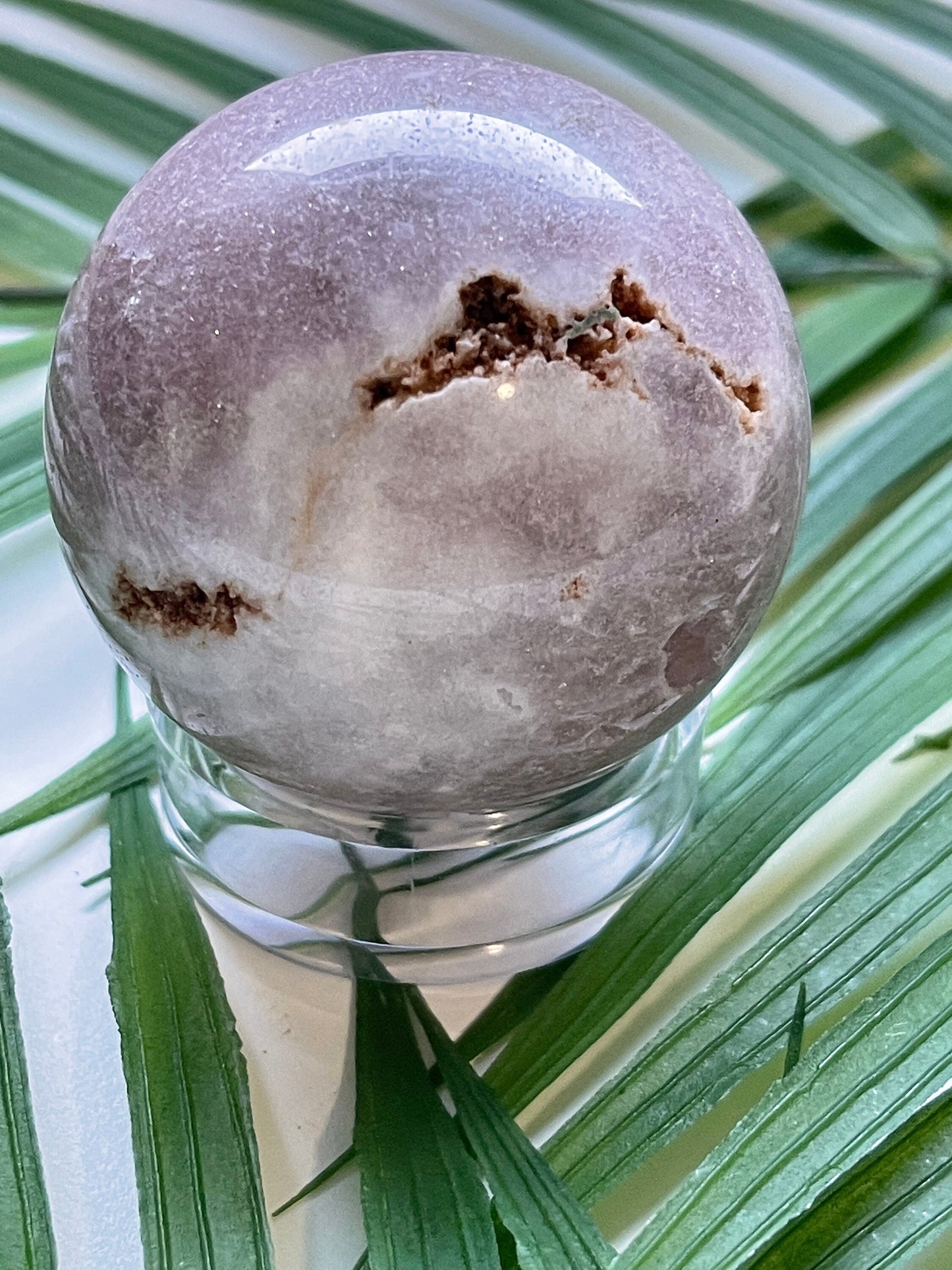 Pink amethyst sphere with druzy