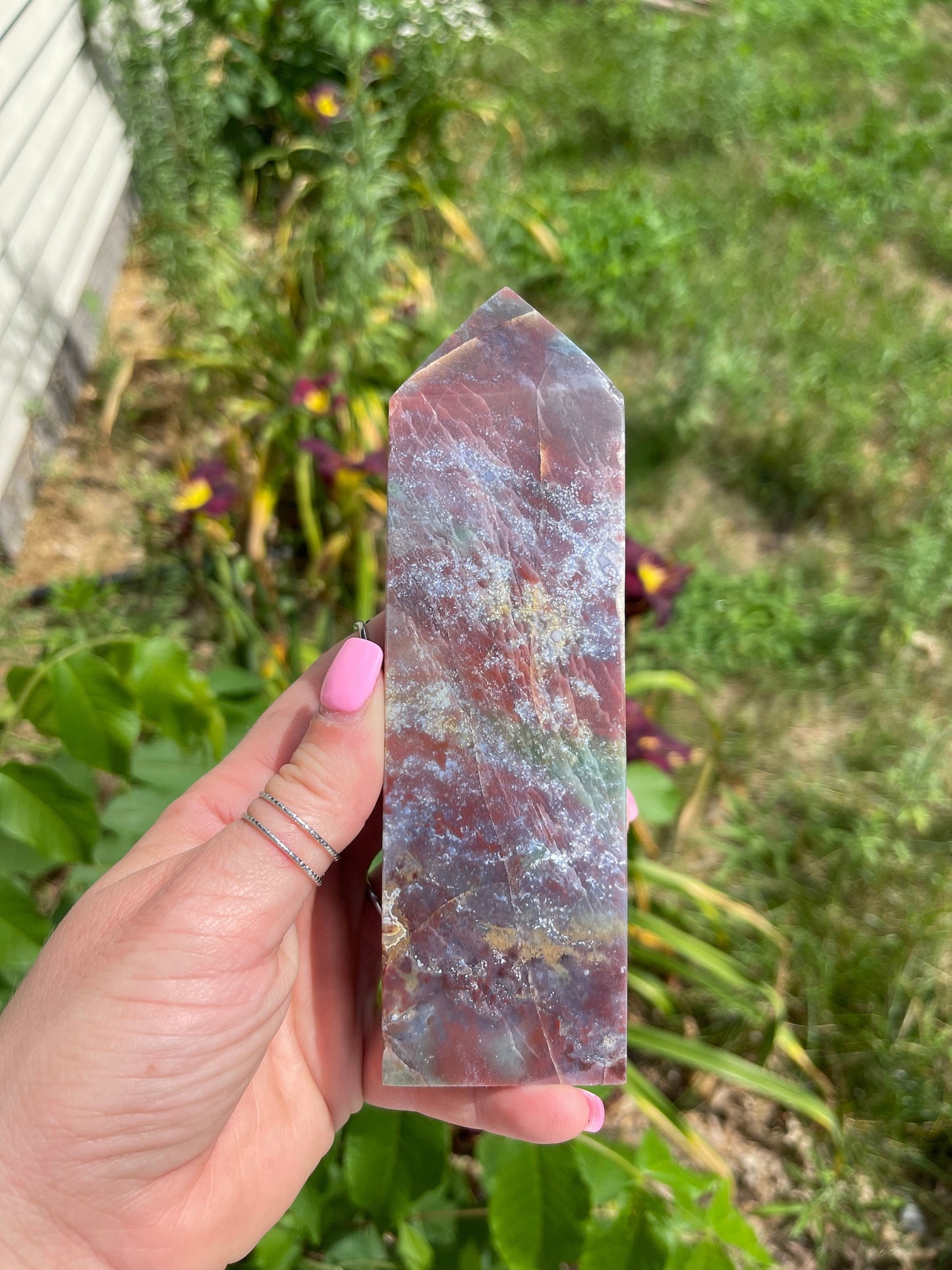 Red moss agate tower