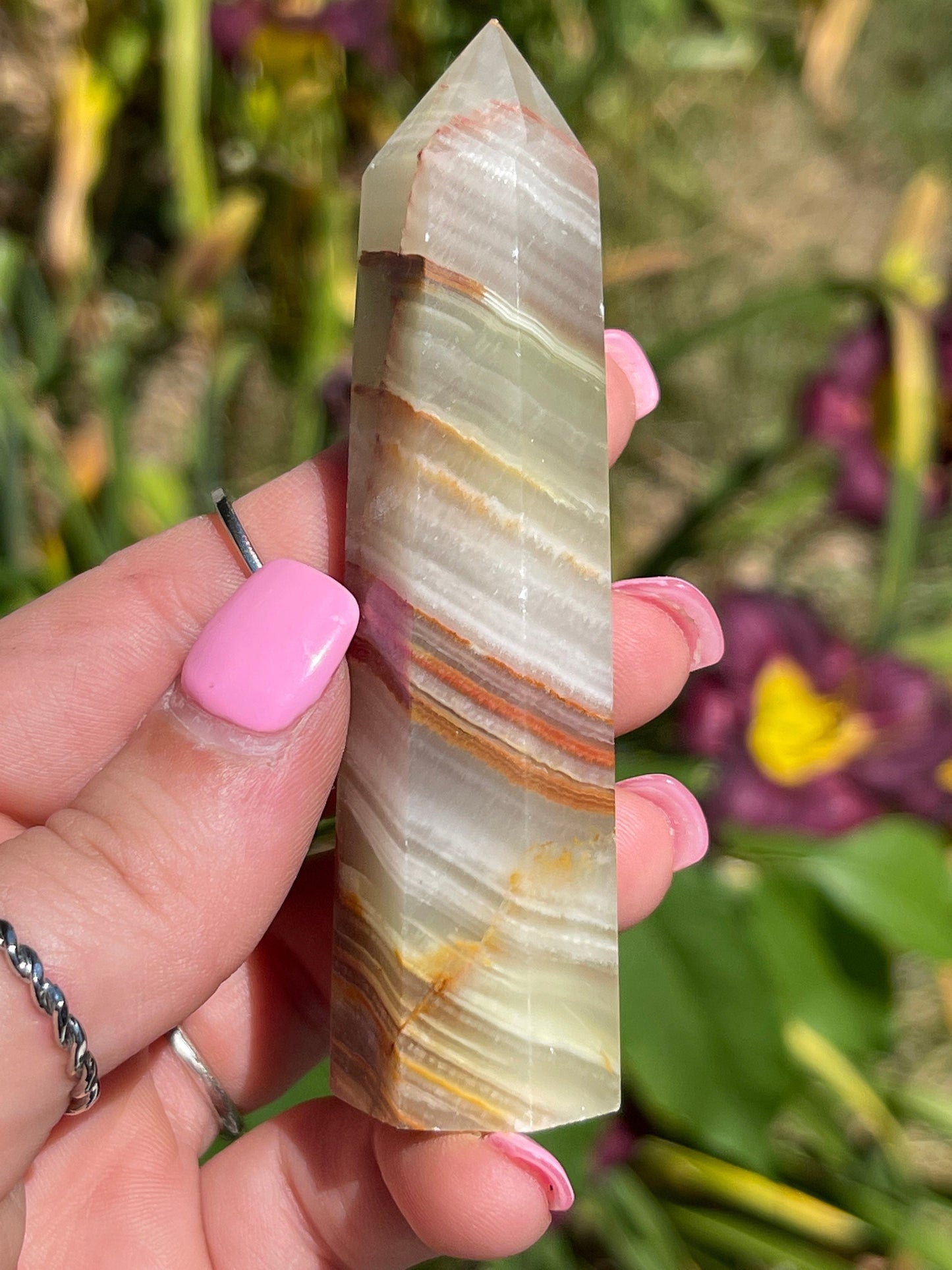 Banded Green Onyx Crystal Point Tower