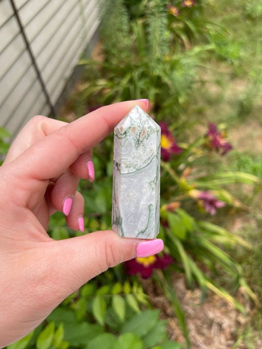 Moss Agate Crystal Tower: Meditation Stone Gift