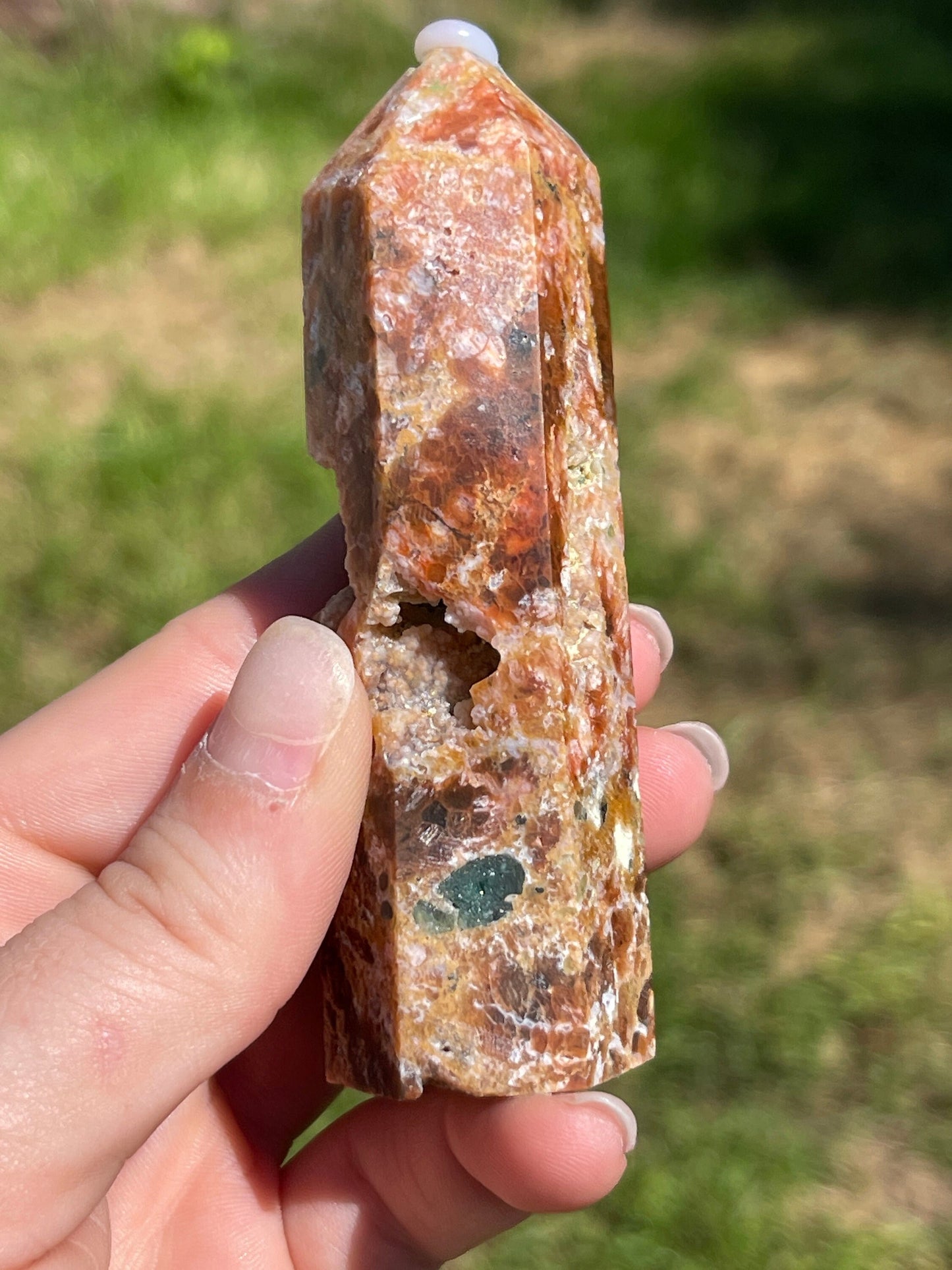 Calcite with Blue Apatite Crystal Point Tower