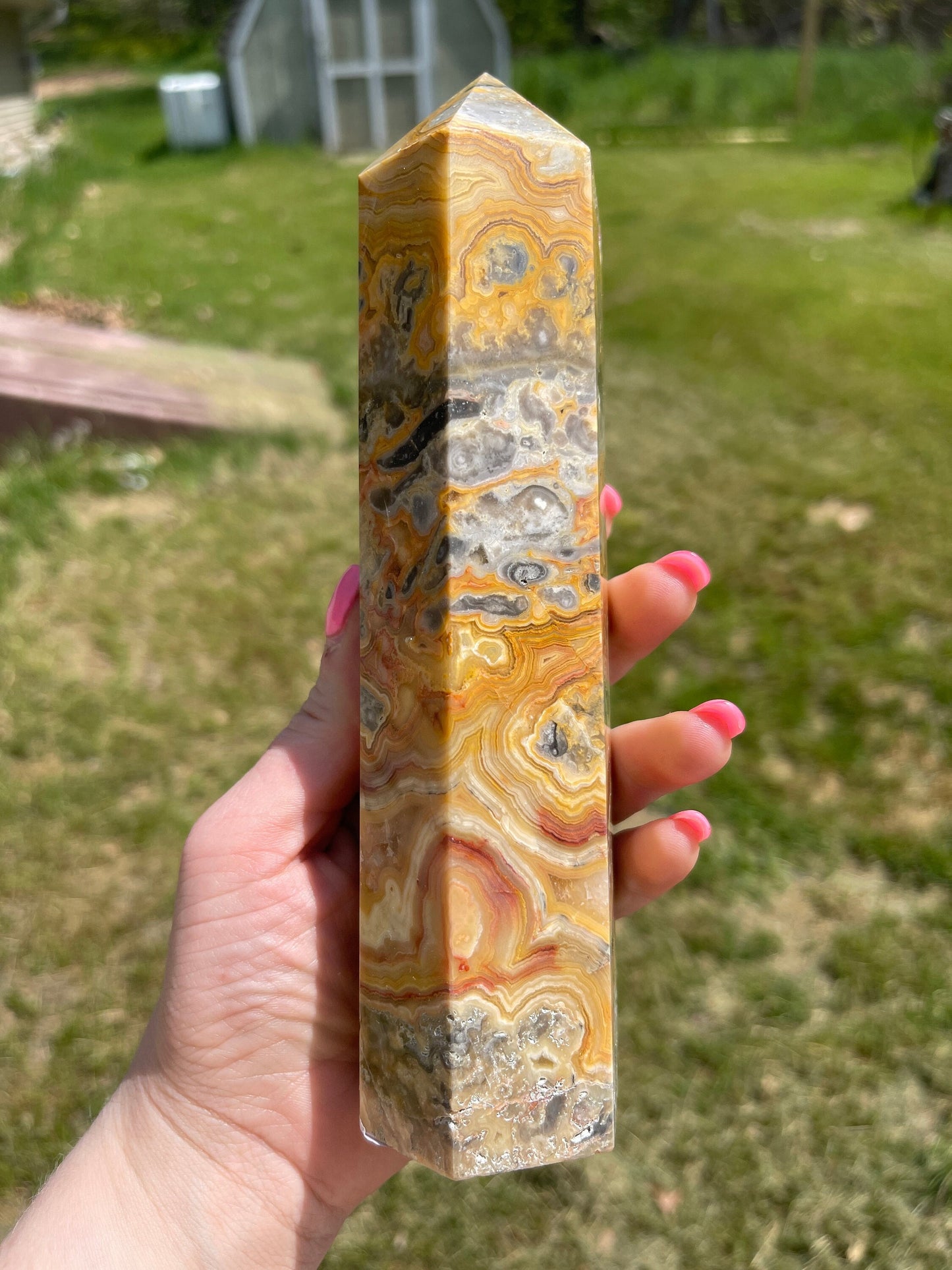 Crazy Lace Agate Crystal Tower: Mexican Carved Stone
