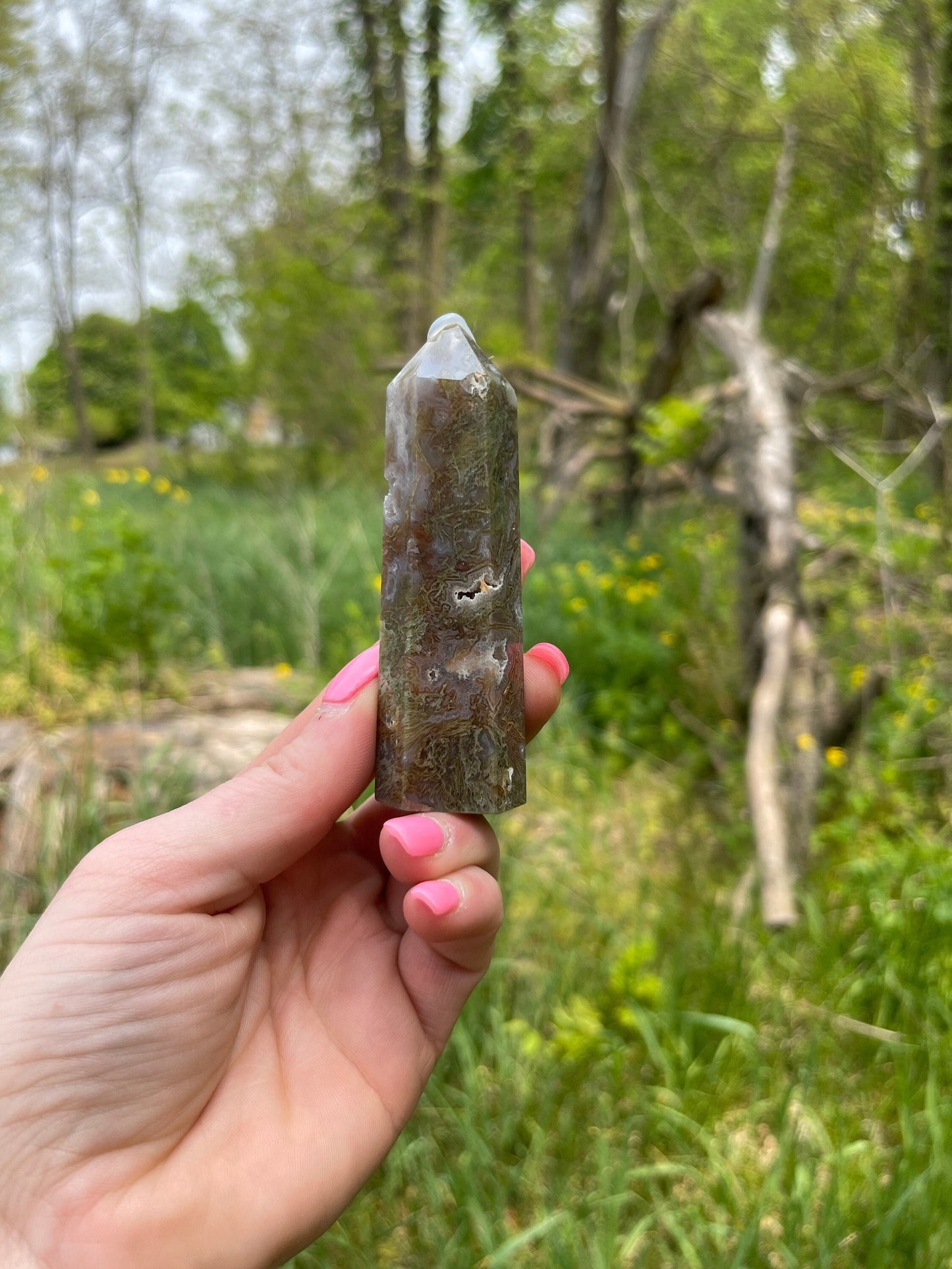 Moss Agate Crystal Tower: New Beginnings, Resolution, Relaxation