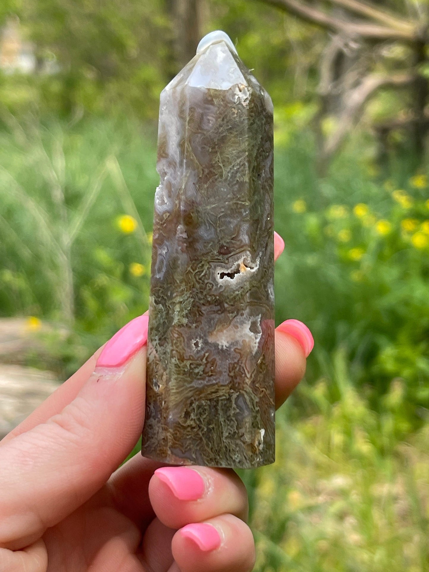 Moss Agate Crystal Tower: New Beginnings, Resolution, Relaxation