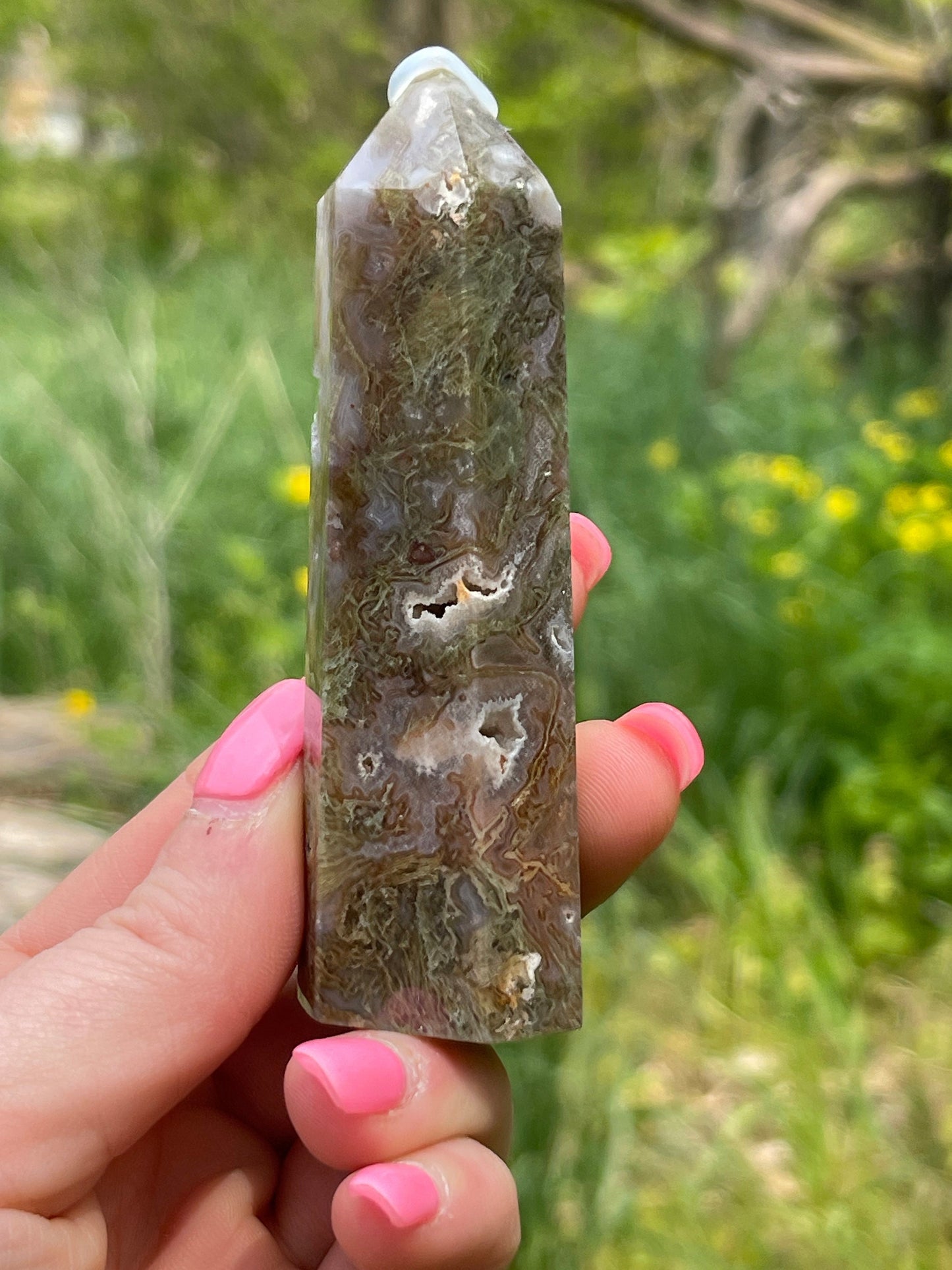 Moss Agate Crystal Tower: New Beginnings, Resolution, Relaxation