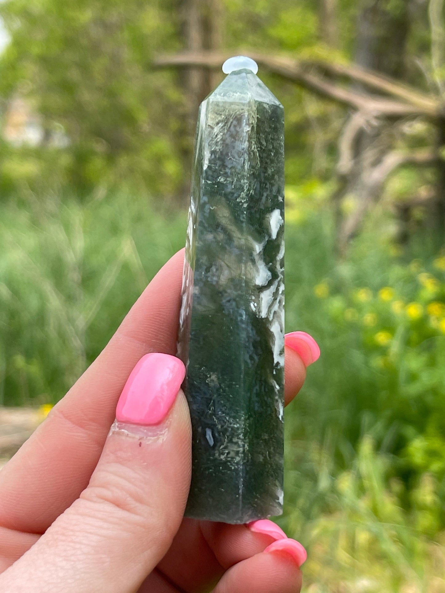 Moss Agate Crystal Tower: New Beginnings, Grounding Stone