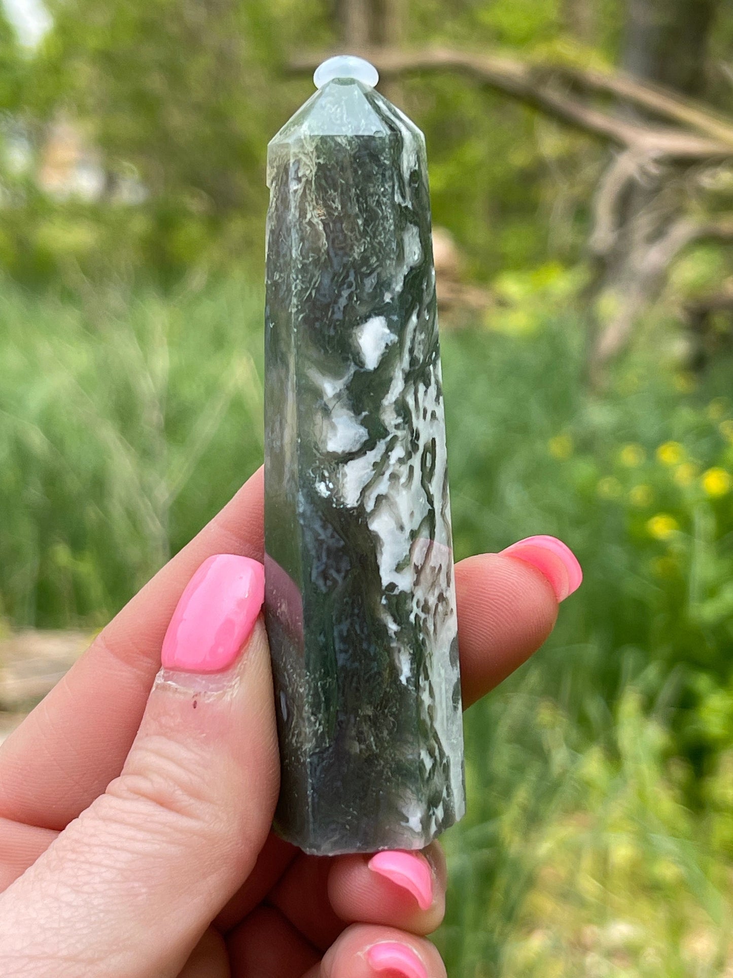Moss Agate Crystal Tower: New Beginnings, Grounding Stone