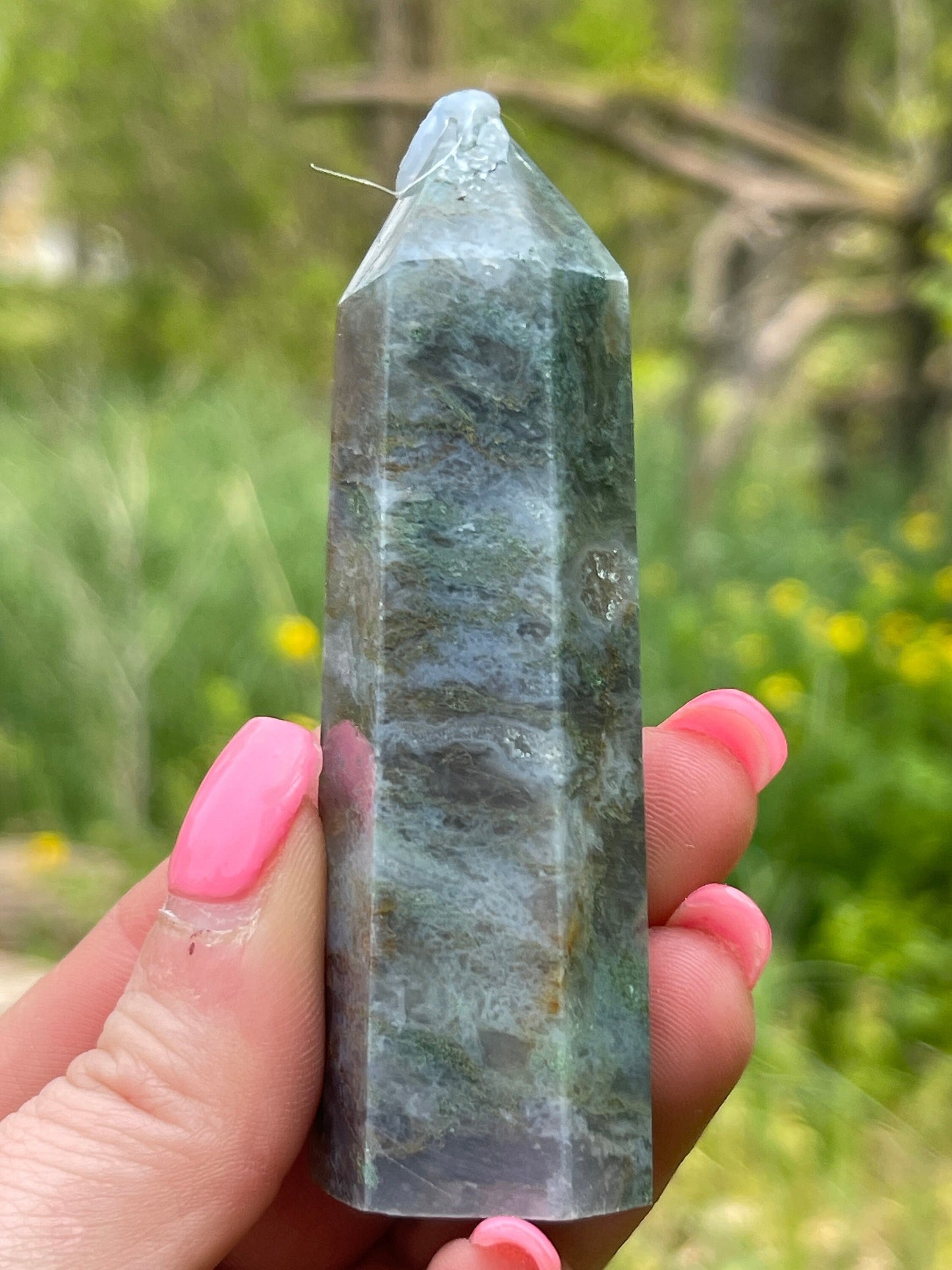 Moss Agate Tower: Crystal Point Gift (3.4in)