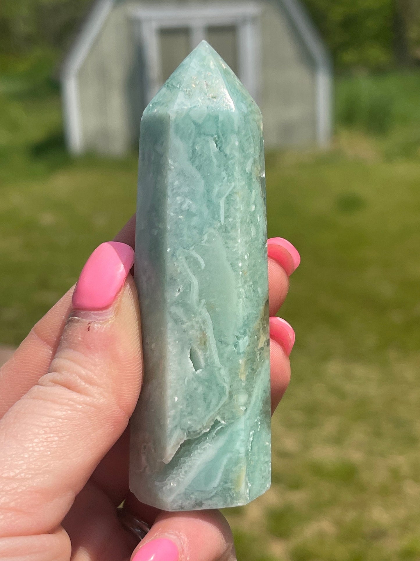 Green Silky Fluorite Crystal Tower: Meditation Stone