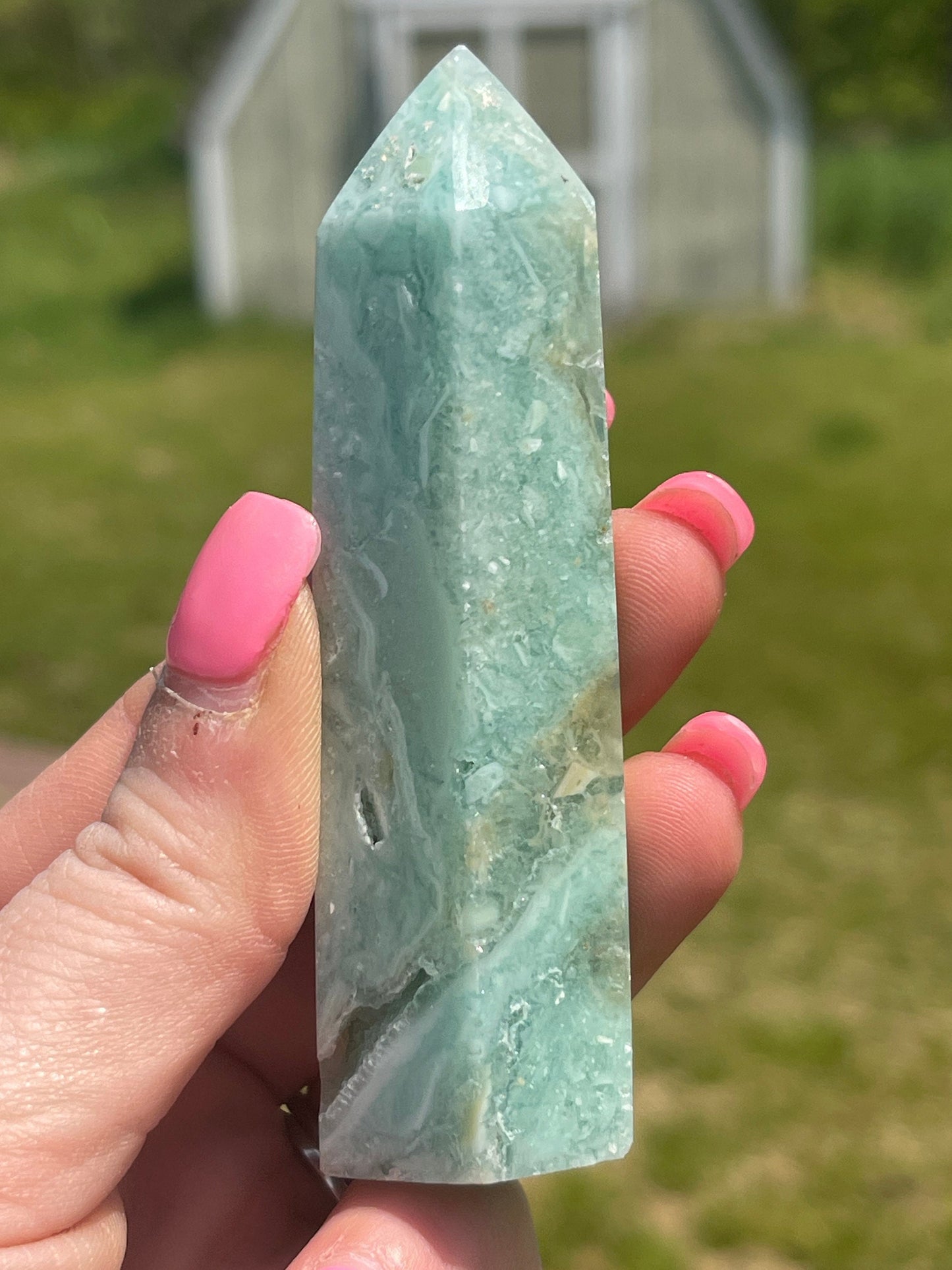 Green Silky Fluorite Crystal Tower: Meditation Stone