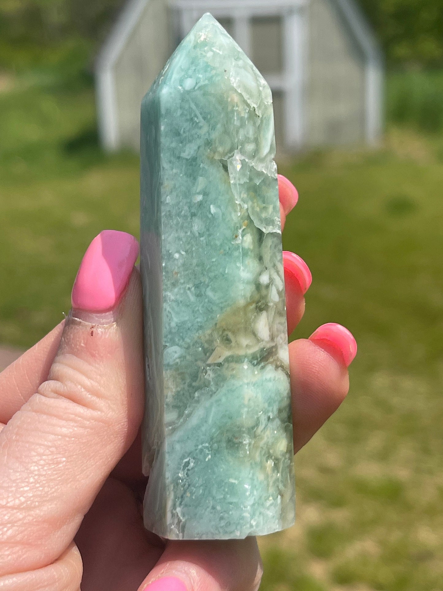 Green Silky Fluorite Crystal Tower: Meditation Stone