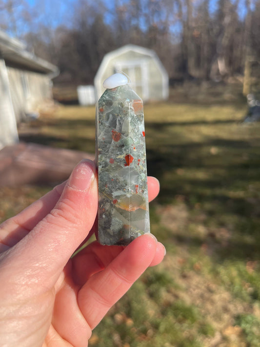 African Bloodstone Crystal Tower D with Pyrite Inclusions | crystal Carving | Meditation Stone | Abundance
