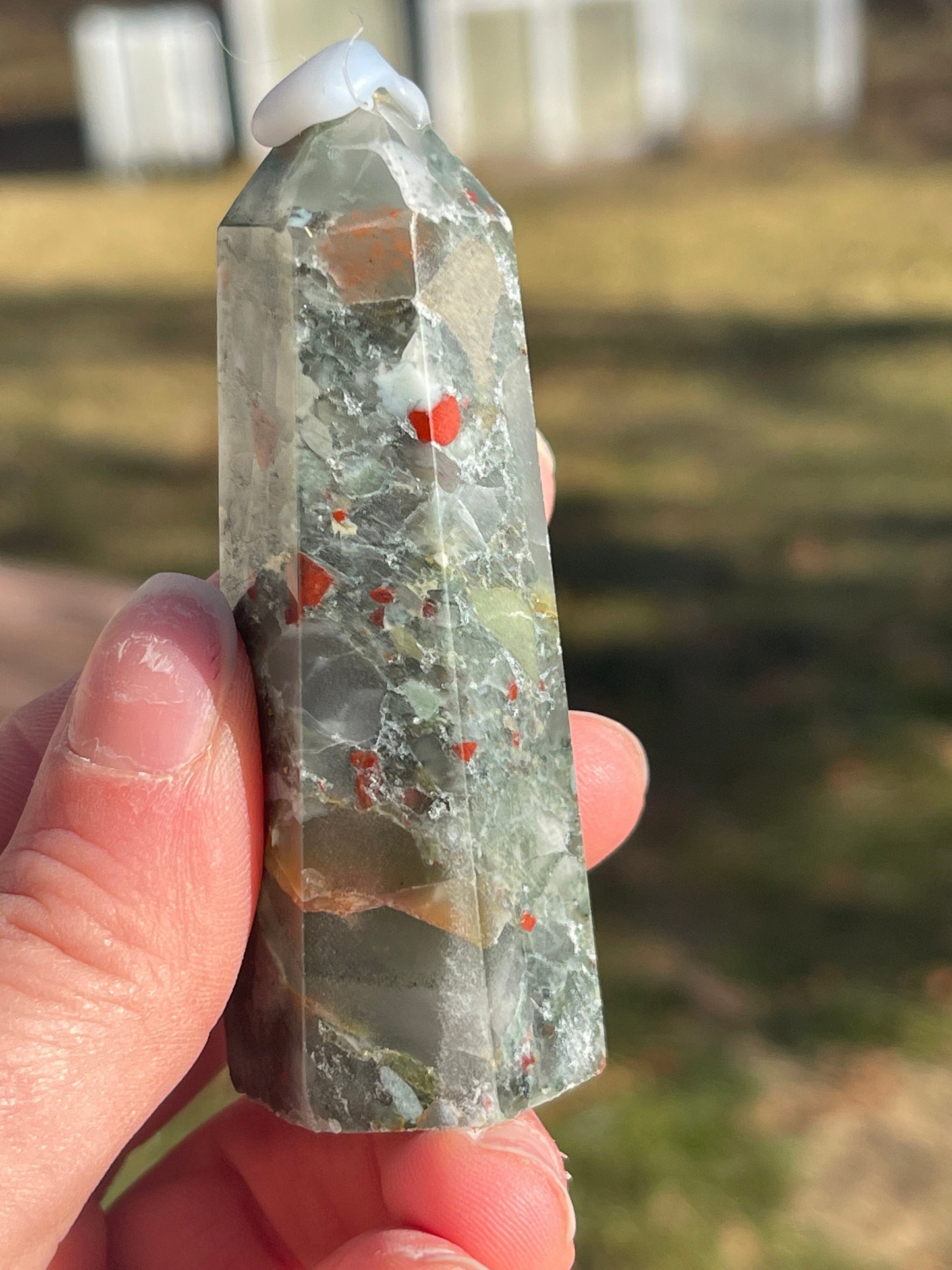 African Bloodstone Crystal Tower D with Pyrite Inclusions | crystal Carving | Meditation Stone | Abundance