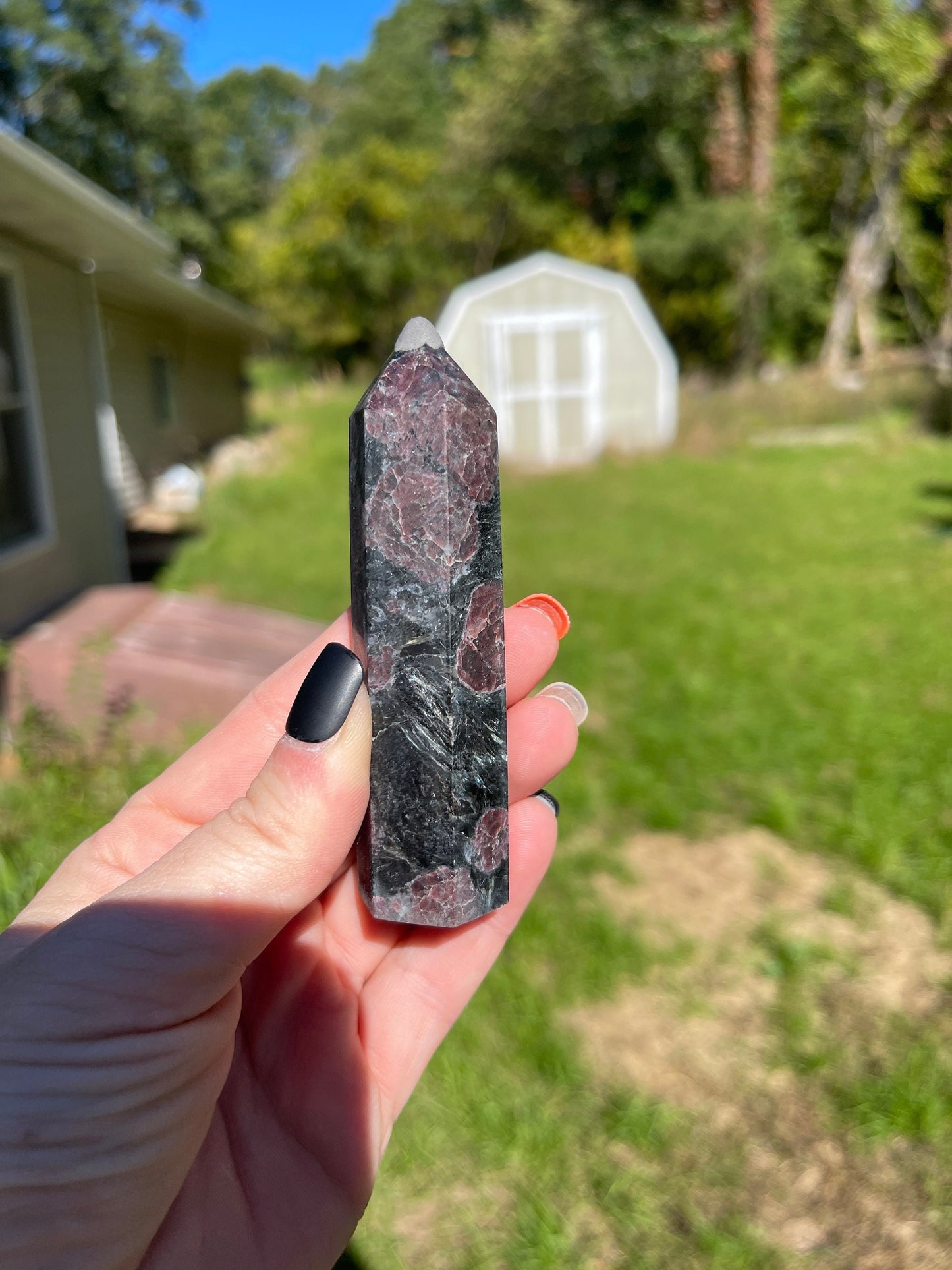Astrophyllite Garnet Crystal Tower: Firework Stone Carving