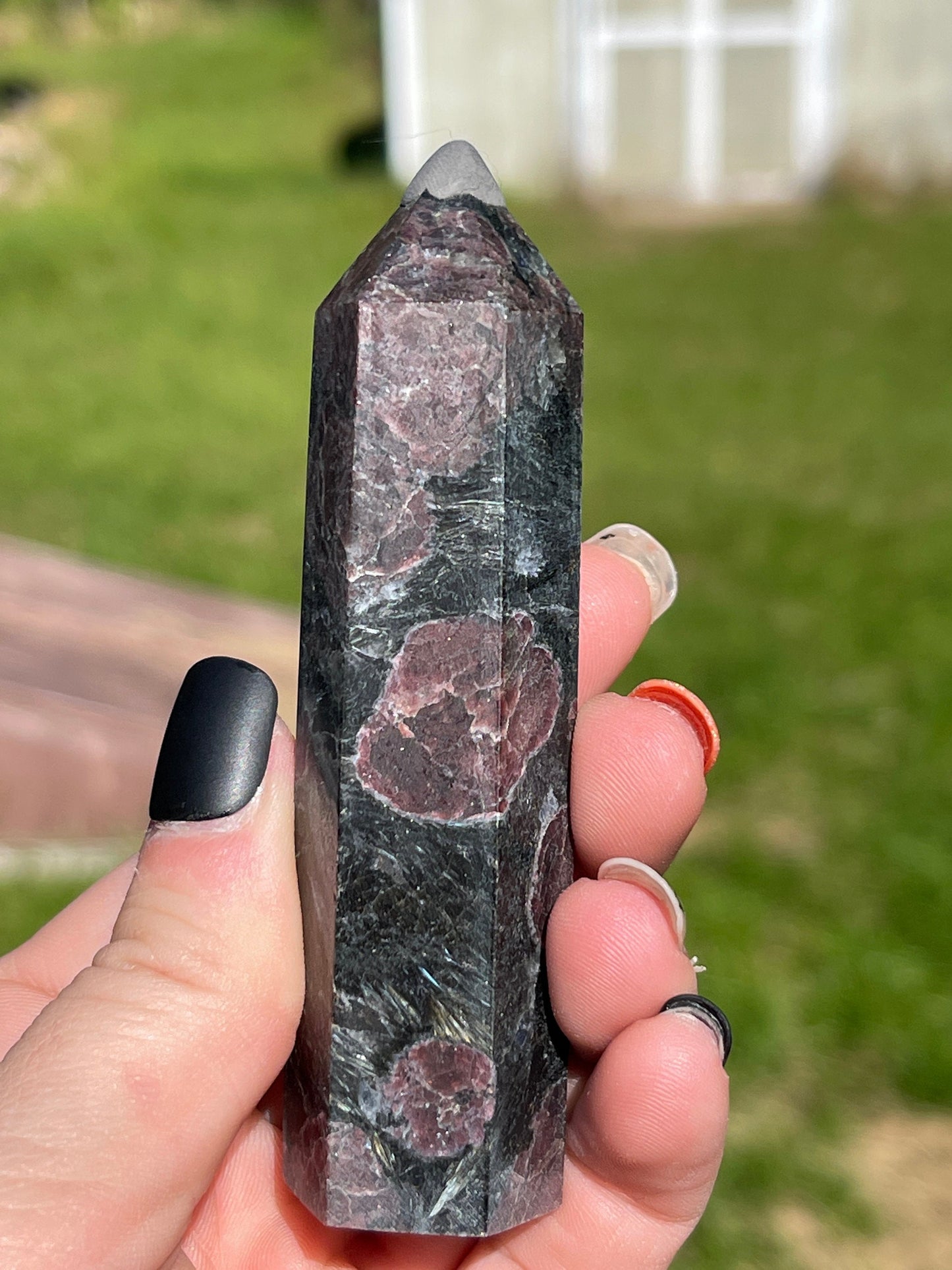 Astrophyllite Garnet Crystal Tower: Firework Stone Carving
