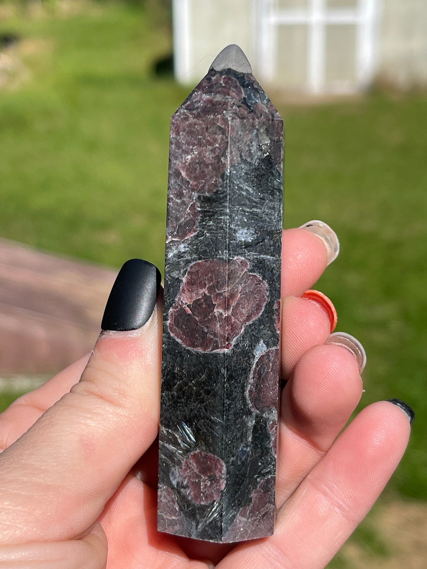 Astrophyllite Garnet Crystal Tower: Firework Stone Carving