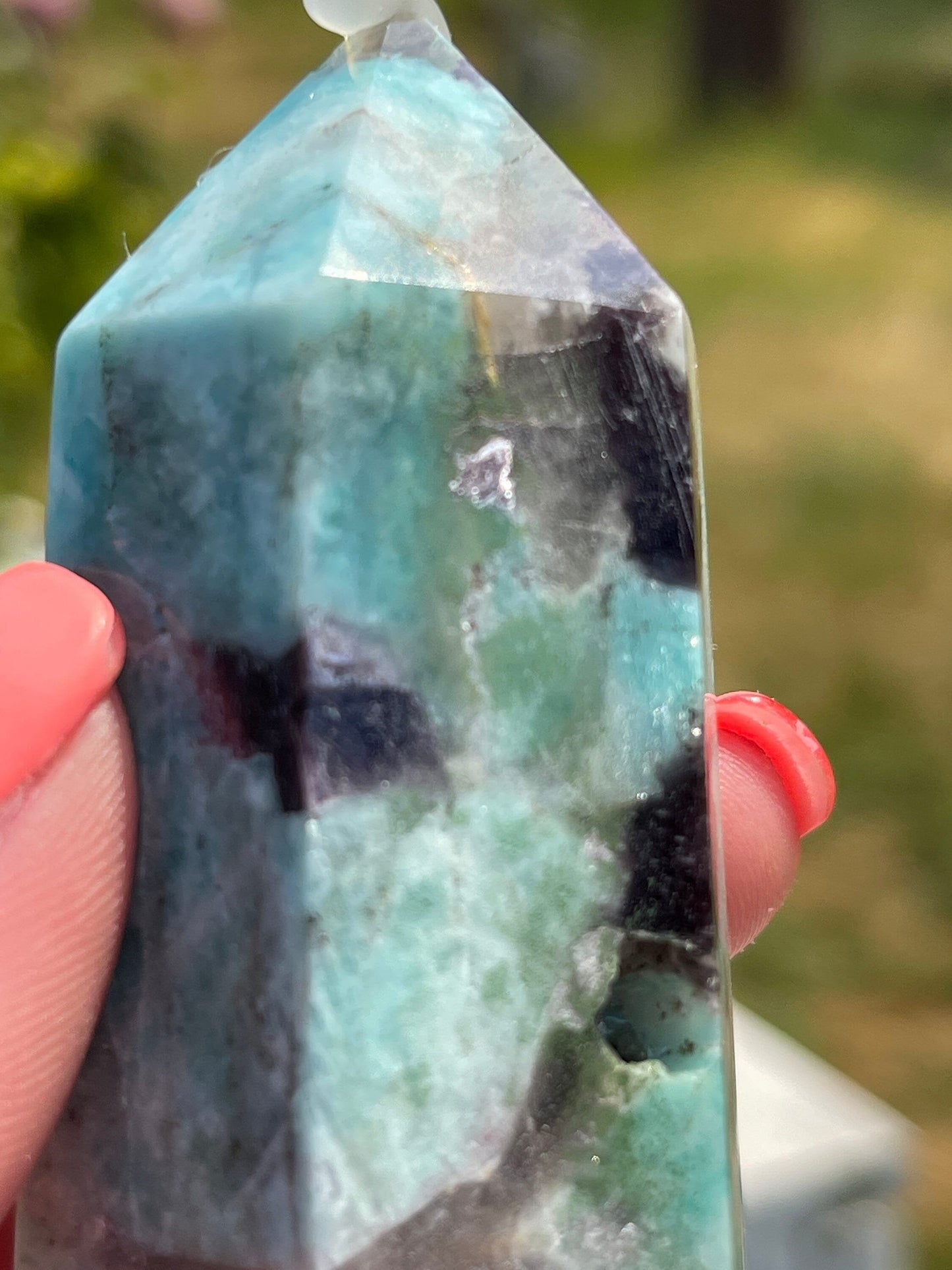 Amazonite Tower with Smoky Quartz and Purple Mica: Madagascar Crystal Carving