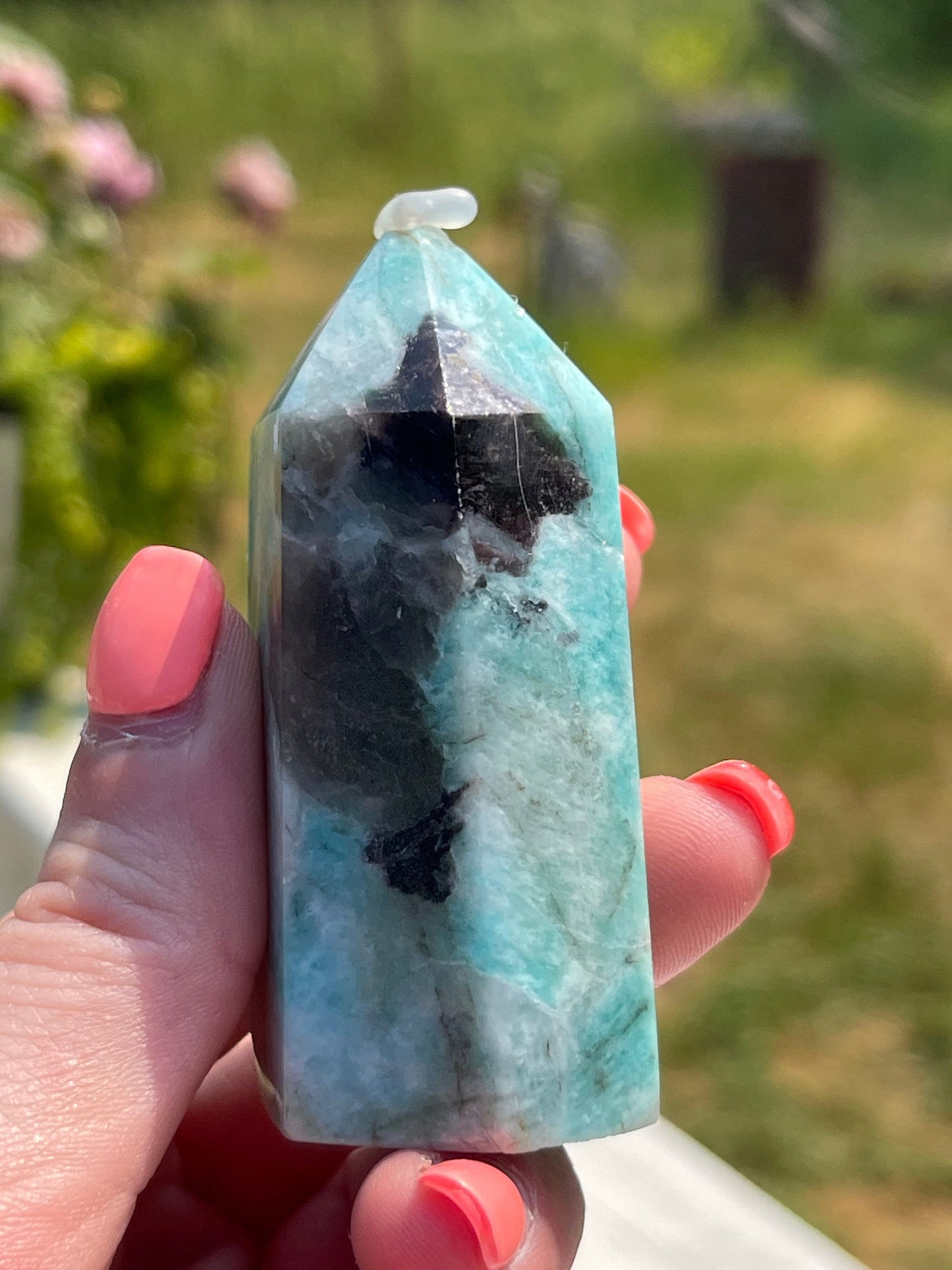Amazonite Tower with Smoky Quartz and Purple Mica: Madagascar Crystal Carving